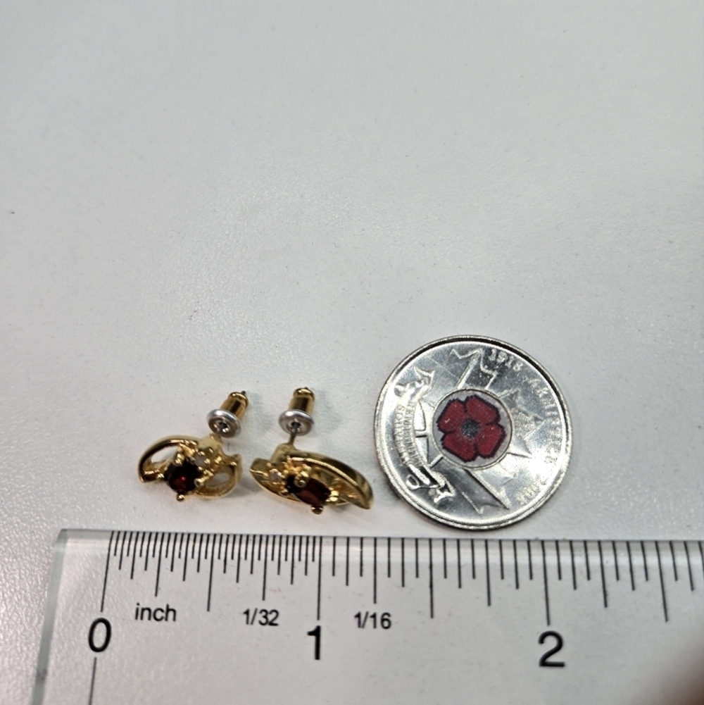 Filled Gold Red Garnet Stud Earrings Classic Gemstone Jewelry - Picture 8 of 8